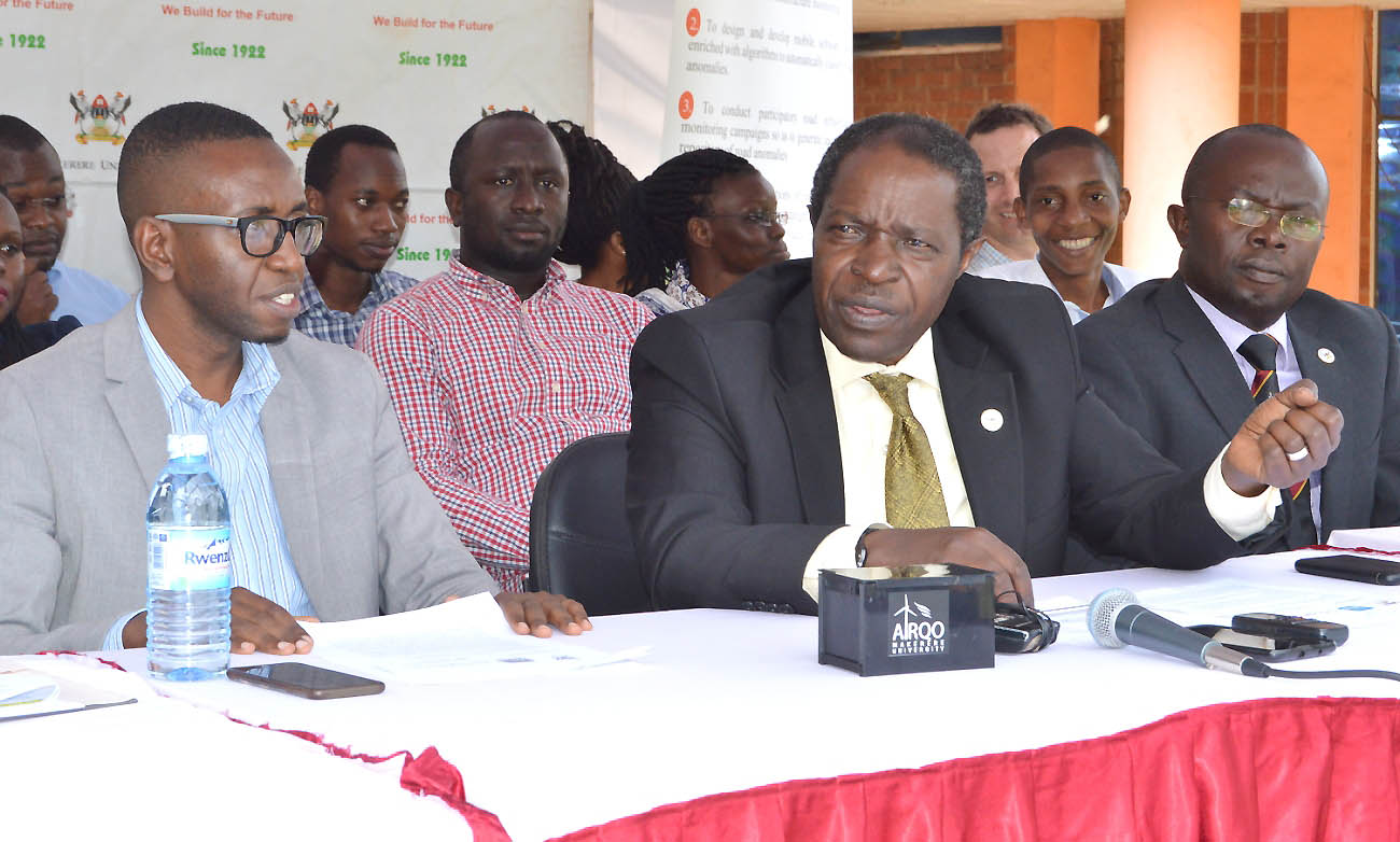 The DVCFA-Prof. William Bazeyo (Centre) flanked by AirQo Project Lead-Dr. Engineer Bainomugisha (Left) and Ag. Manager Communication and International Relations-Dr. Muhammad Kiggundu Musoke (Right) addresses the Media during the Briefing on 8th May 2019, CoCIS, Makerere University, Kampala Uganda