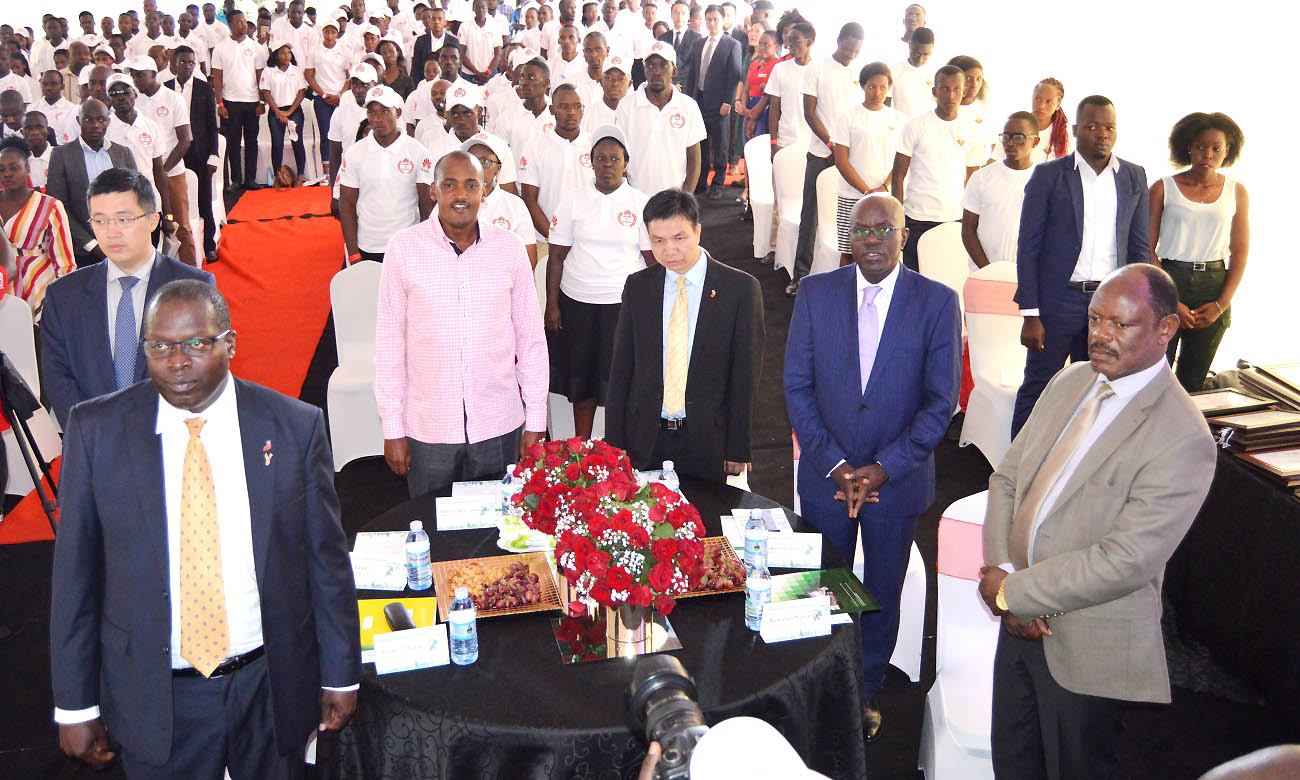 L-R: Principal CoCIS-Prof. Tonny Oyana (front); Huawei Uganda MD-Mr. Liu Jiawei (behind him); Minister for ICT and National Guidance-Hon. Frank Tumwebaze (Centre) ; Deputy Chief of Mission of the Chinese Embassy in Uganda-Mr. Chen Huixin; Permanent Secretary, MoES-Mr. Alex Kakooza and the Vice Chancellor, Prof. Barnabas Nawangwe at the launch of Huawei ICT Academy on 14th May 2019, Makerere University, Kampala Uganda.