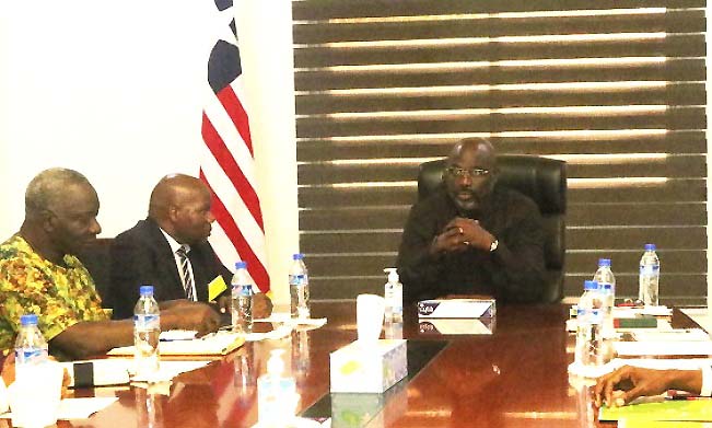 H.E. George Manneh Weah, President of the Republic of Liberia during his meeting with the RUFORUM Delegation on 25th April 2019, Capitol Hill, Monrovia. Left is RUFORUM Executive Secretary Prof. Adipala Ekwamu. Image:RUFORUM
