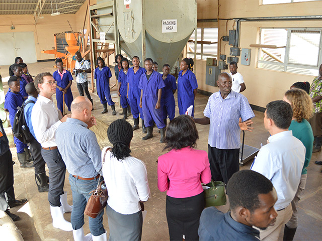 Farm Manager Mr. Tweyambe Chrysestom explains to the delegation from the Belgian Embassy the process of making feeds at the Feed Mill, MUARIK, Wakiso on 13th May 2019