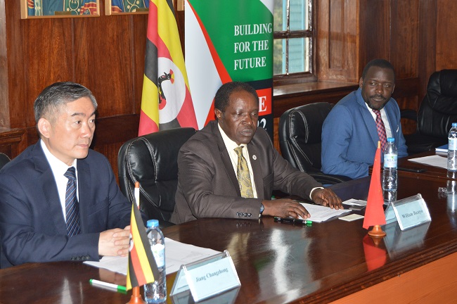 [L-R] Mr. Jiang Changzhong, the Director General, Hunan Provincial Department of Education, Prof. William Bazeyo - Deputy Vice Chancellor (Finance and Administration) Makerere University, Mr. Yusuf Kiranda- Deputy University Secretary at a meeting held in Council Room on 13th June 2019.