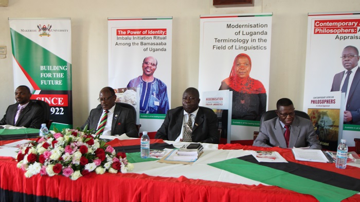 L-R, the Chairperson Mak Press Editorial Board Dr. Umar Kakumba, the Vice Chancellor Prof. Barnabas Nawangwe, Prof. John Opuda-Asibo and Prof. Mukadasi Buyinza.