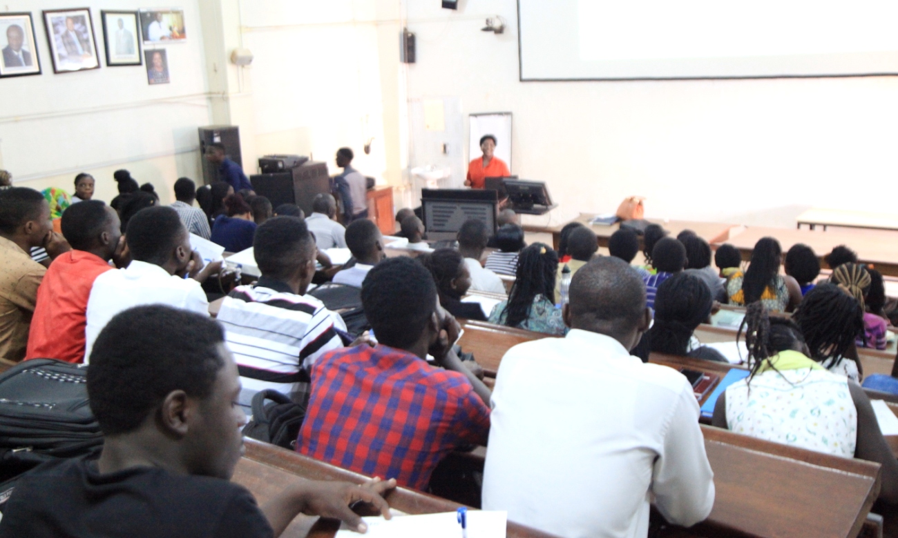 Students attend a lecture in the Davies Lecture Theatre, College of Health Sciences (CHS), Mulago Campus, Makerere University, Kampala Uganda