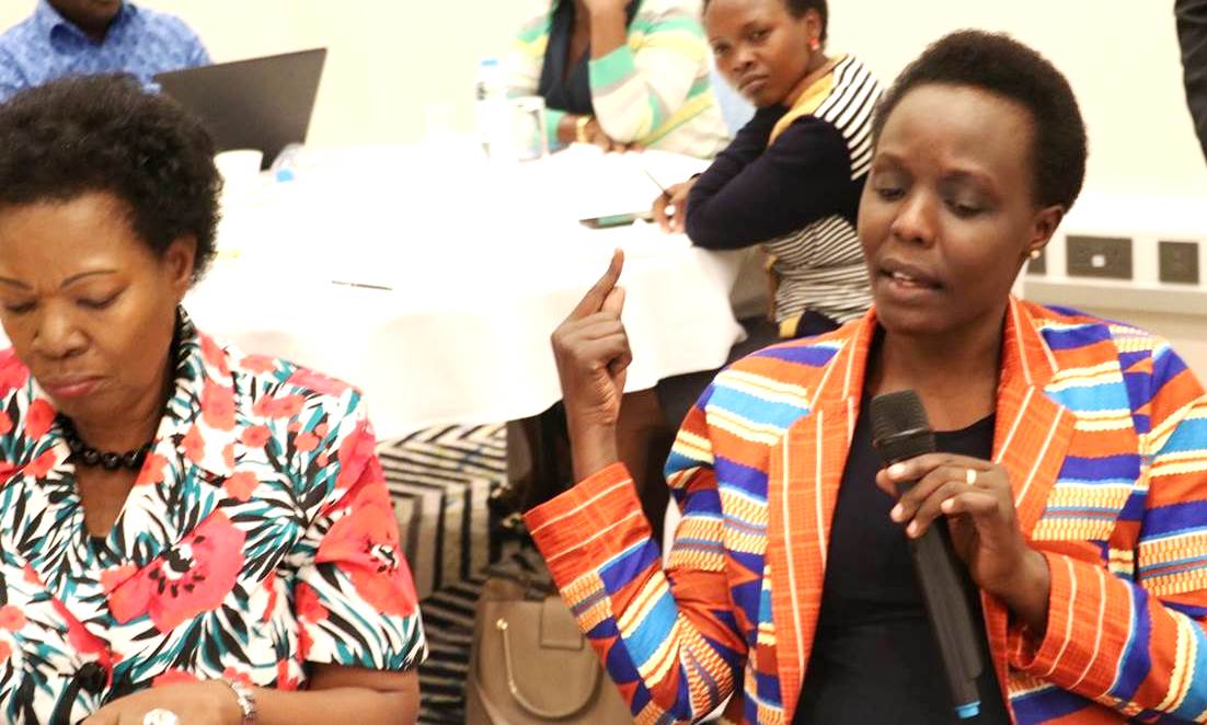 The Kumi District Woman MP-Hon. Monica Amoding (Right) gives her submission at the meeting on 7th June 2019 at the Hilton Garden Inn Hotel, Kampala Uganda. Left is the Woman MP of Mitooma District-Hon. Jova Kamateeka.