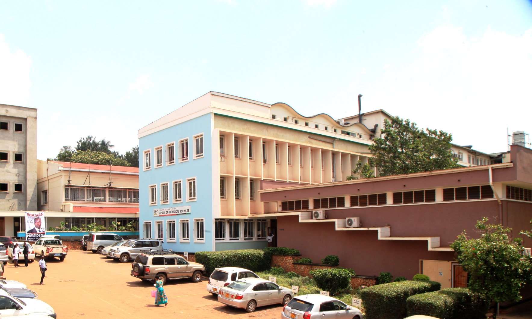 The Davies Lecture Theatre (Right), School of Biomedical Sciences (Blue) and other buildings at the College of Health Sciences (CHS), Mulago Campus, Makerere University, Kampala Uganda