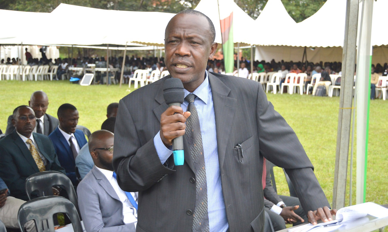 The Academic Registrar, Mr. Alfred Masikye-Namoah addresses First Year students during the Freshers' Orientation Talk with University and Student Leaders on 6th August 2018, Freedom Square, Makerere University, Kampala Uganda