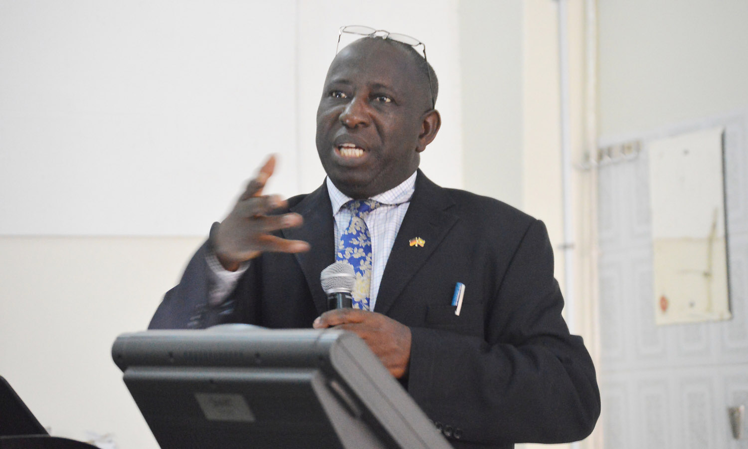 The Principal, College of Health Sciences (CHS), Prof. Charles Ibingira delivers the opening remarks at The Day of Moringa Science, 9th July 2019, Davies Lecture Theatre, Makerere University, Kampala Uganda