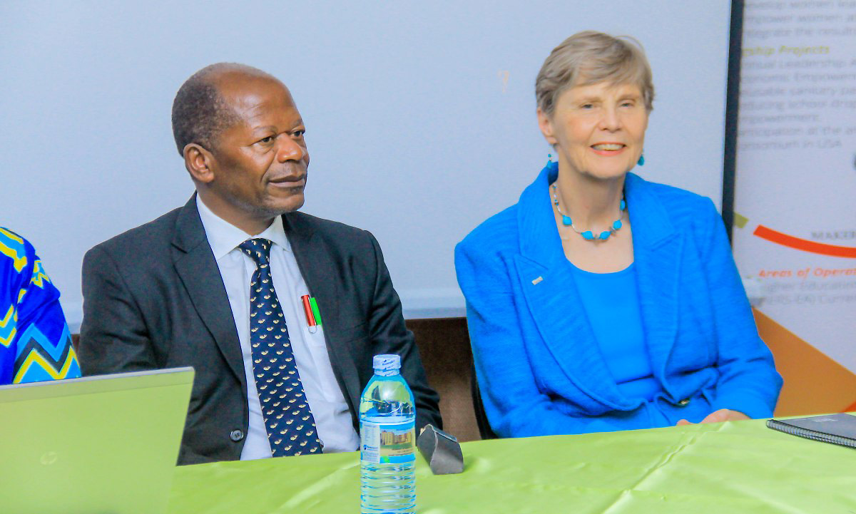 The State Minister for Higher Education, Hon. Dr. John Chrysostom Muyingo (Left) and the Former President and Executive Director of HERS, Prof. Judith White (Right) at the HERS-EA Third Academy closing ceremony, 5th July 2019, Grand Global Hotel, Kampala Uganda