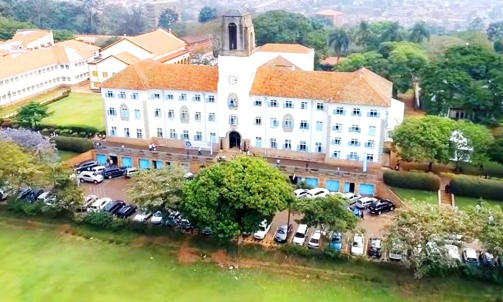 An aerial shot of the Main Building with CHUSS & St Francis Chapel to the Left and the Freedom Square in the foreground as captured by a drone, Makerere University, Kampala Uganda