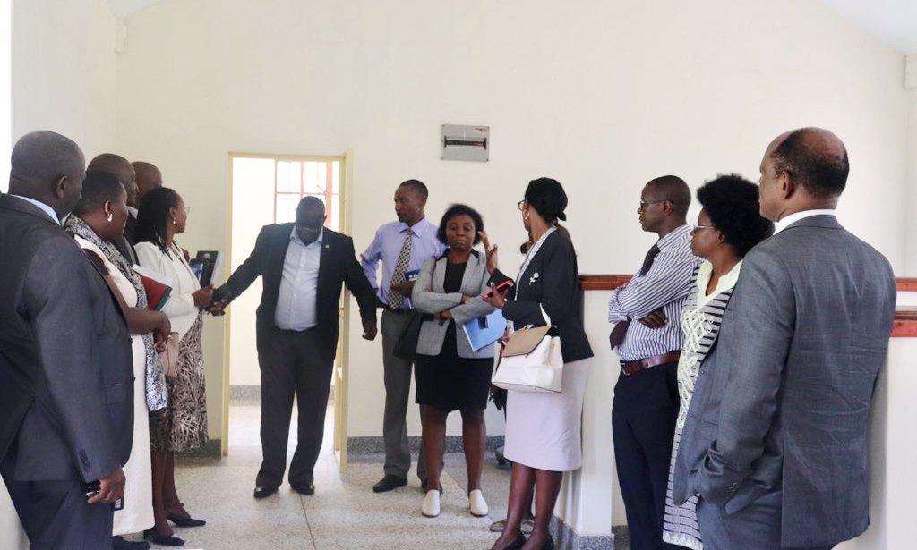 The special Taskforce headed by the Chairperson of Council, Mrs. Lorna Magara (4th Right) with the Vice Chancellor, Prof. Barnabas Nawangwe (Right) and other members on a tour of the Dental Clinic, 11th July 2019, Northcote Road, Makerere University, Kampala Uganda