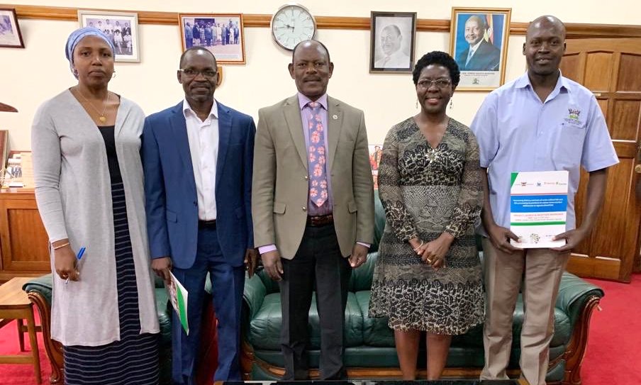 The Vice Chancellor, Prof. Barnabas Nawangwe (Centre) meeting the NutriFish Project team headed by Dr. Jackson Efitre (2nd Left) on 12th July 2019, Makerere University, Kampala Uganda.