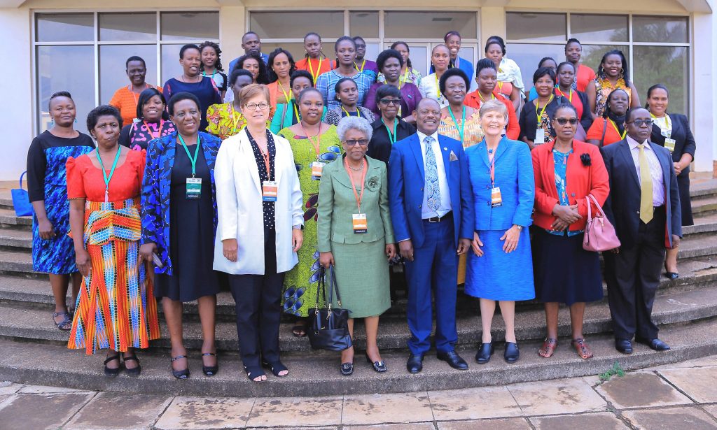 The Vice Chancellor, Prof. Barnabas Nawangwe (4th Right) flanked by Prof. Judith White (3rd Right) and Amb. Dr. Gennet Zewide (4th Left) with Front Row L-R: Prof. Margaret Khaitsa, Ms. Naomi Lumutenga, Dr. Julie Jordan, Dr. Hellen Byamugisha, Prof. John David Kabasa, facilitators and participants at the HERS-EA Third Academy Launch, 1st July 2019, SFTNB Conference Hall, Makerere University. Kampala Uganda, East Africa.