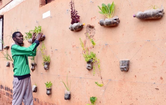 Mr. Kafuuma demonstrating how to grow vegetables at home by recycling non-biodegradable rubbish. This vegetable micro garden can replace flower gardens with a purpose.