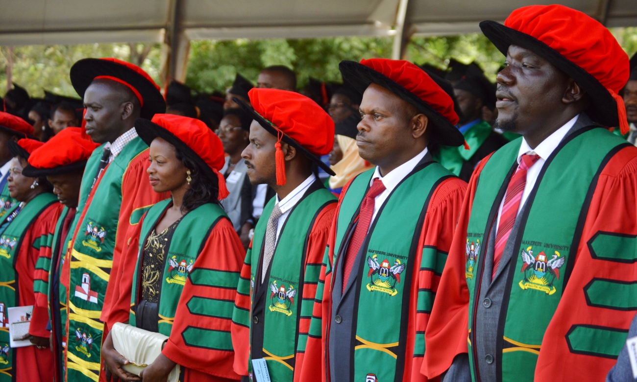 PhD Granduands stand for the anthems during Day 1 of the 69th Graduation Ceremony on 15th January 2019, Freedom Square, Makerere University, Kampala Uganda