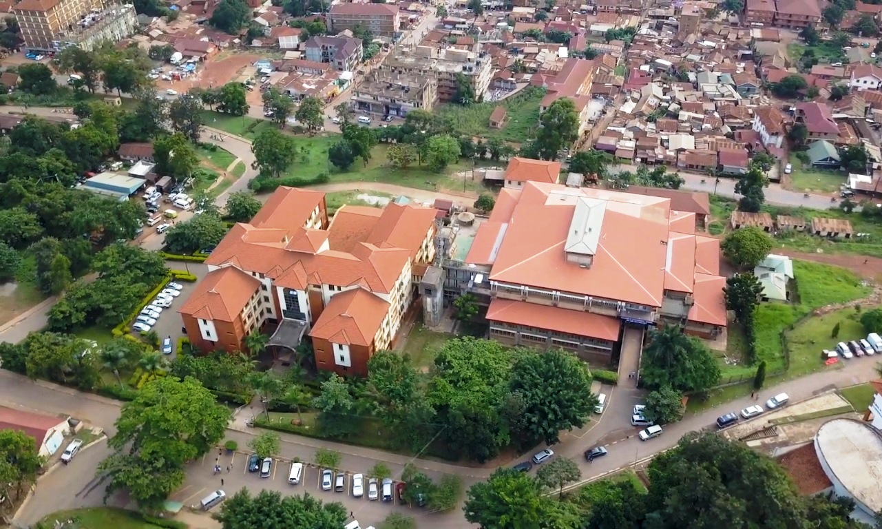 An Aerial View of CEDAT Old and New Buildings and Kikoni area as shot by a drone hovering above the Department of Physics, College of Natural Sciences (CoNAS), Makerere University, Kampala Uganda. East Africa