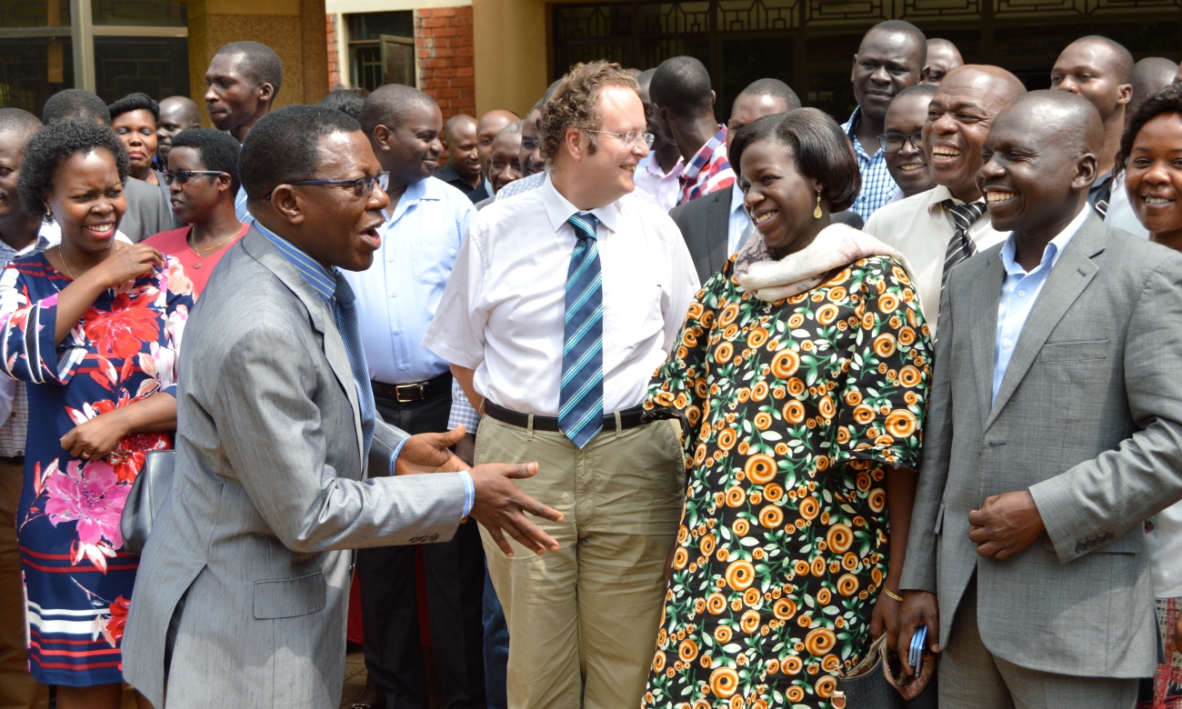 The Director DRGT, Prof. Buyinza Mukadasi interacts with some of the 80 PhD Candidates attending the Training in Scholarly Writing and Communication Skills on 19th August 2019 at the Main Library, Makerere University, Kampala Uganda