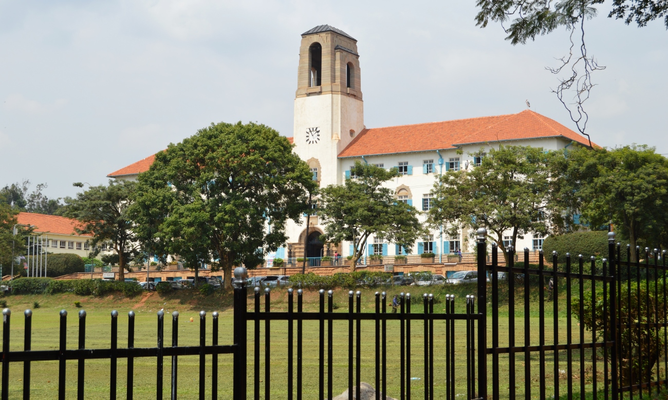 The Main Building and Freedom Square as seen from the Main Library walkway, Makerere University, Kampala Uganda. Date taken: 19th August 2019.