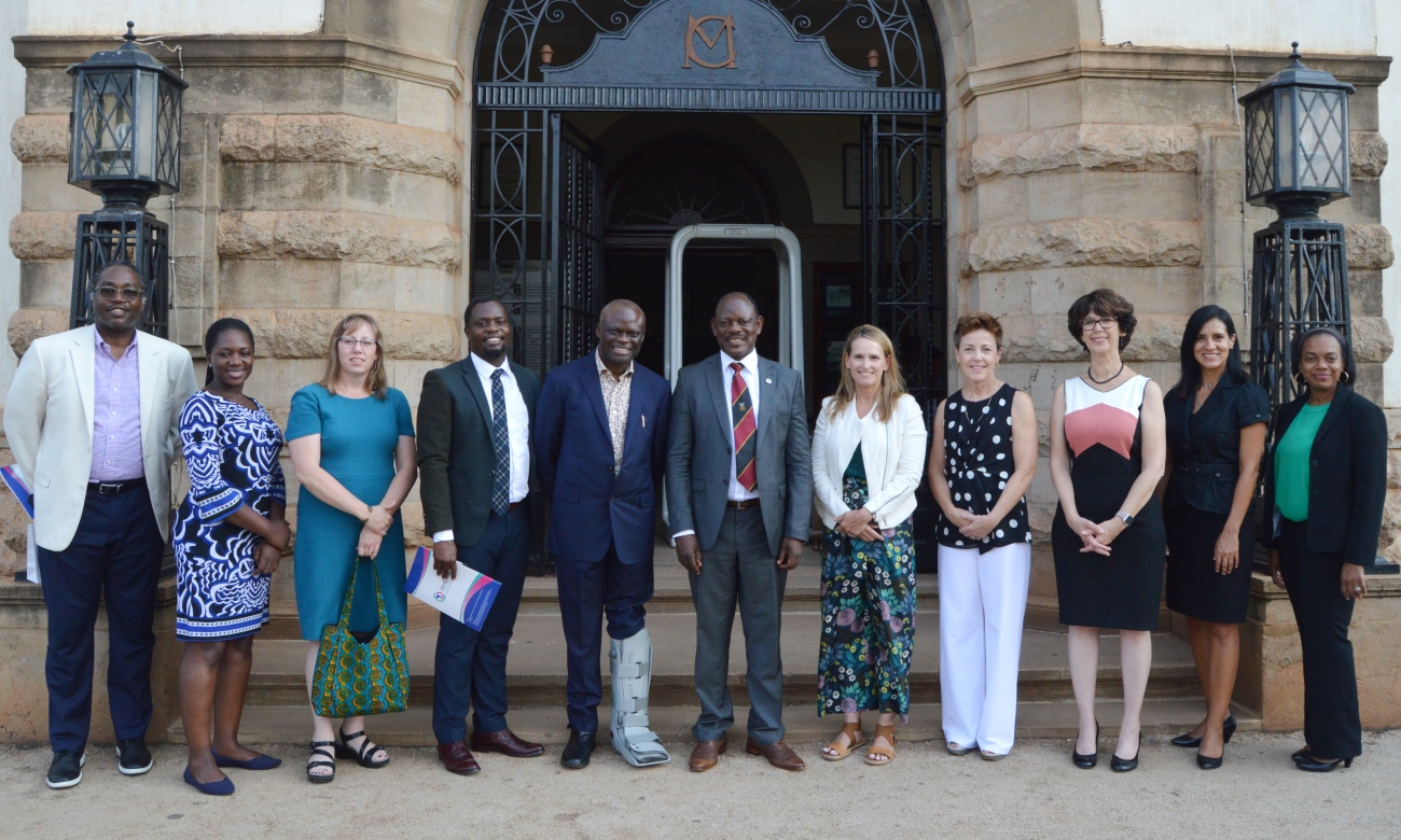 The Vice Chancellor, Prof. Barnabas Nawangwe (Centre) with the team from NIH and Washington University in St. Louis led by Alumnus Dr. Fred Ssewamala after the meeting on 1st August 2019, Makerere University, Kampala Uganda