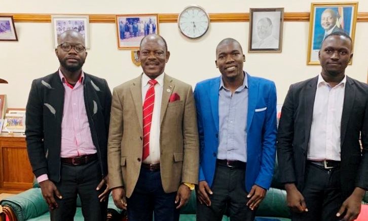 The Vice Chancellor, Prof. Barnabas Nawangwe (2nd Left) with the 84th Guild President H.E. Papa Were Salim (Left) and colleagues after meeting the Vice Chancellor on 9th August 2019, Makerere University, Kampala Uganda