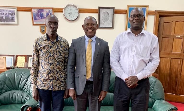 The Vice Chancellor, Prof. Barnabas Nawangwe (Centre) with Michaeal and Yona of of Soyuz Africa Connections after their meeting on 13th August 2019, Makerere University, Kampala Uganda