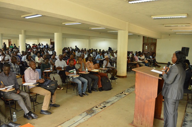 The Manager, Grants and Revenue; Mrs. Jackie Keirungi Ayorekire addressing students on  23rd August 2019.