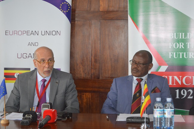 The Vice Chancellor Prof. Barnabas Nawangwe (Right) and the Ambassador of European Union to Uganda, H.E. Attilio Pacific (Left) at the press conference held on 16th September 2019 in the Council Room, Makerere University, Kampala Uganda.
