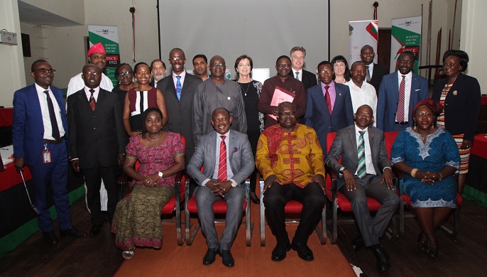 Secretary General of the African Research Universities Alliance (ARUA) Prof. Ernest Aryeetey together with the Vice Chancellor Prof. Barnabas Nawangwe, posing for a photo with some of the dignitaries at launch of the Centre of Excellence in Notions of Identity at Makerere University on 4th September 2019.