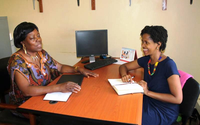 Prof. Goretti Nassanga, Uganda's first Professor of Journalism (Left) during the interview with article author Ms. Marion Alina (Right) shortly after the news of her promotion on 29th July 2016, Makerere University, Kampala Uganda