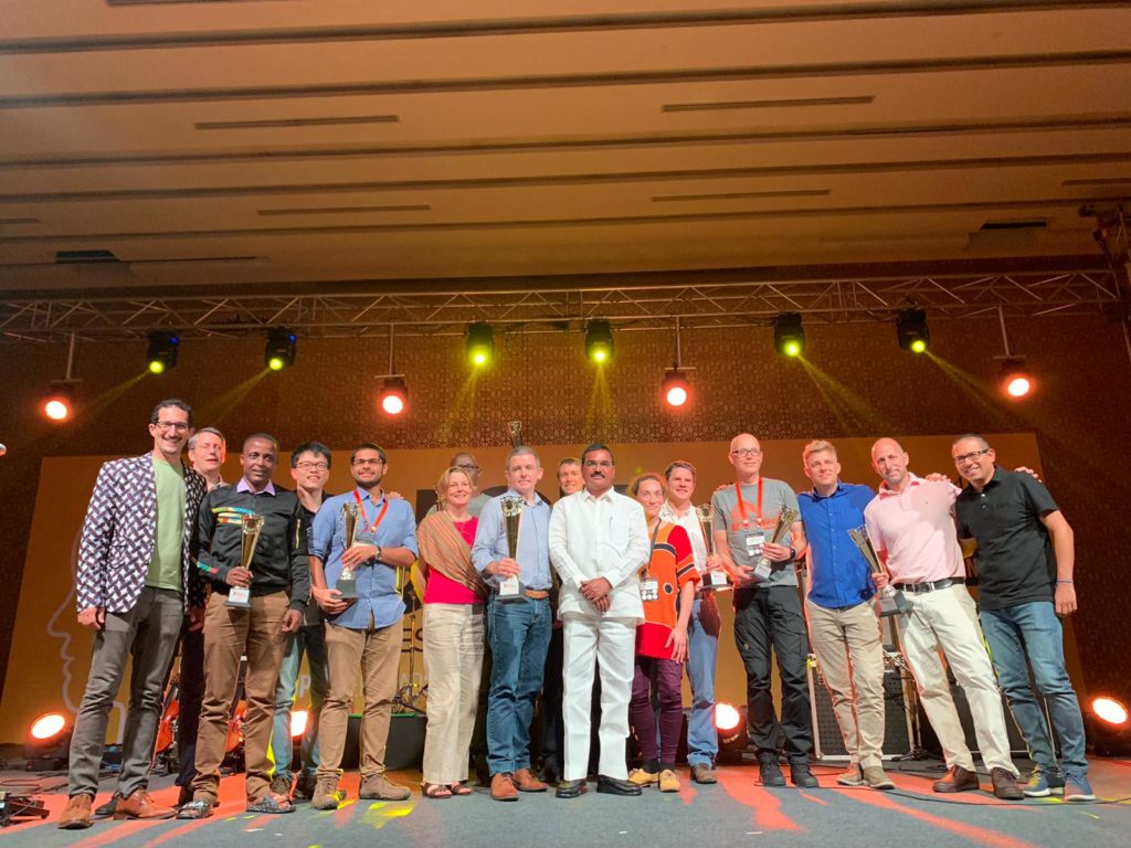 The eight Inspire Challenge projects that leverage CGIAR data to solve agriculture development challenges pose with their trophies on 18th October 2019. Photo credit: CGIAR Platform for Big Data in Agriculture