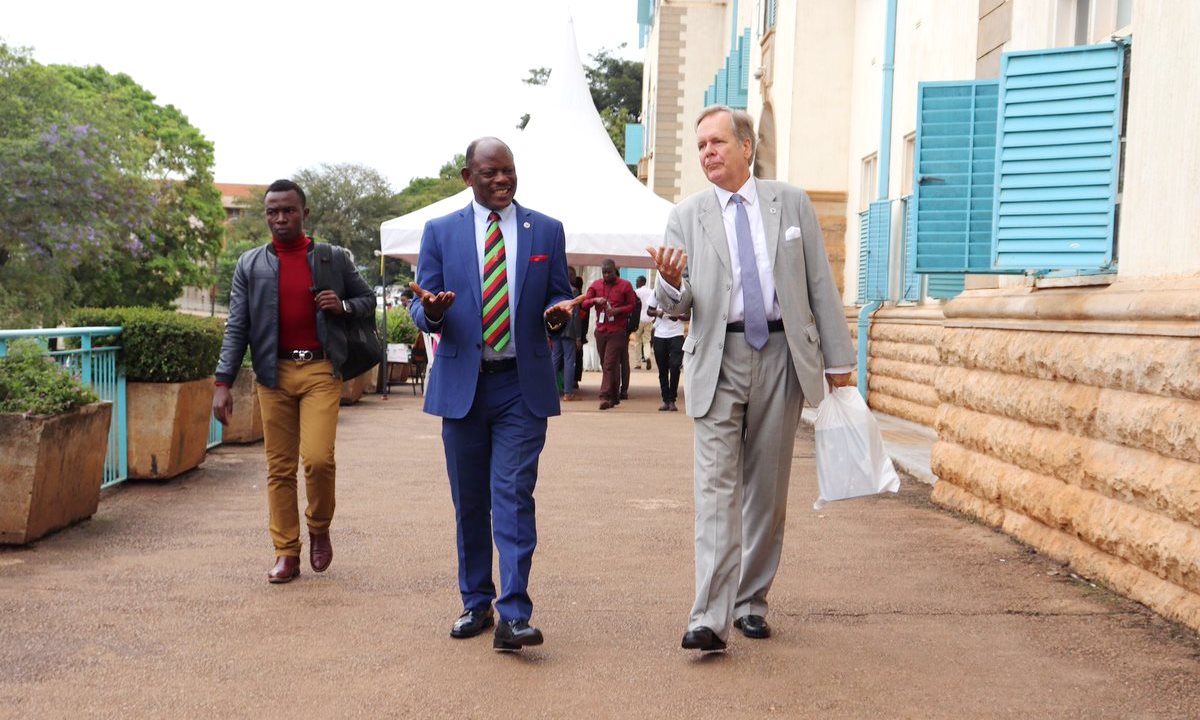 The German Ambassador to Uganda-H.E. Dr. Albrecht Conze (Right) and Vice Chancellor-Prof. Barnabas Nawangwe chat shortly after the meeting on 18th October 2019, Makerere University, Kampala Uganda