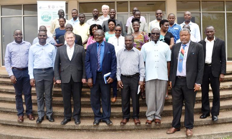 L-R: Dr. Frank Mugagga, Dr. Fred Babweteera, Prof. Hubert Roth-Siegen, Mr. Fred Matovu-UNCCI, Dr. Jackson Majaliwa Mwanjololo, Prof. Denis Mpairwe, Prof. Imasiku A. Nyambe and other participants during the Demand Driven Teaching (DDT) project’s concluding meeting, 8th November 2019, SFTNB Conference Hall, Makerere University, Kampala Uganda.