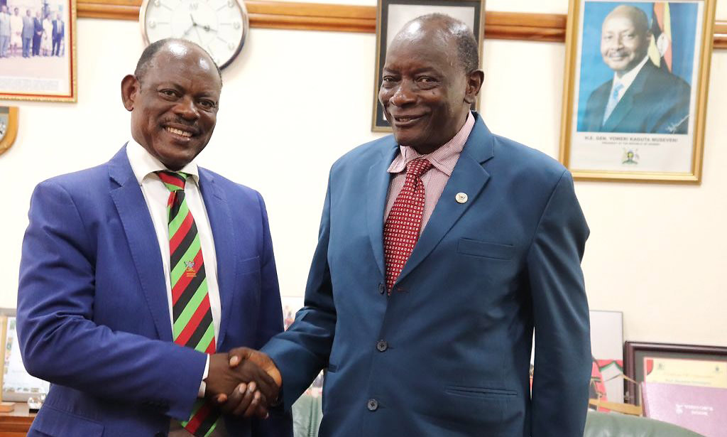 The Vice Chancellor-Prof. Barnabas Nawangwe (Left) and Prof. Issac J. Minde (Right) shake hands after the meeting on 4th November 2019, Makerere University, Kampala Uganda