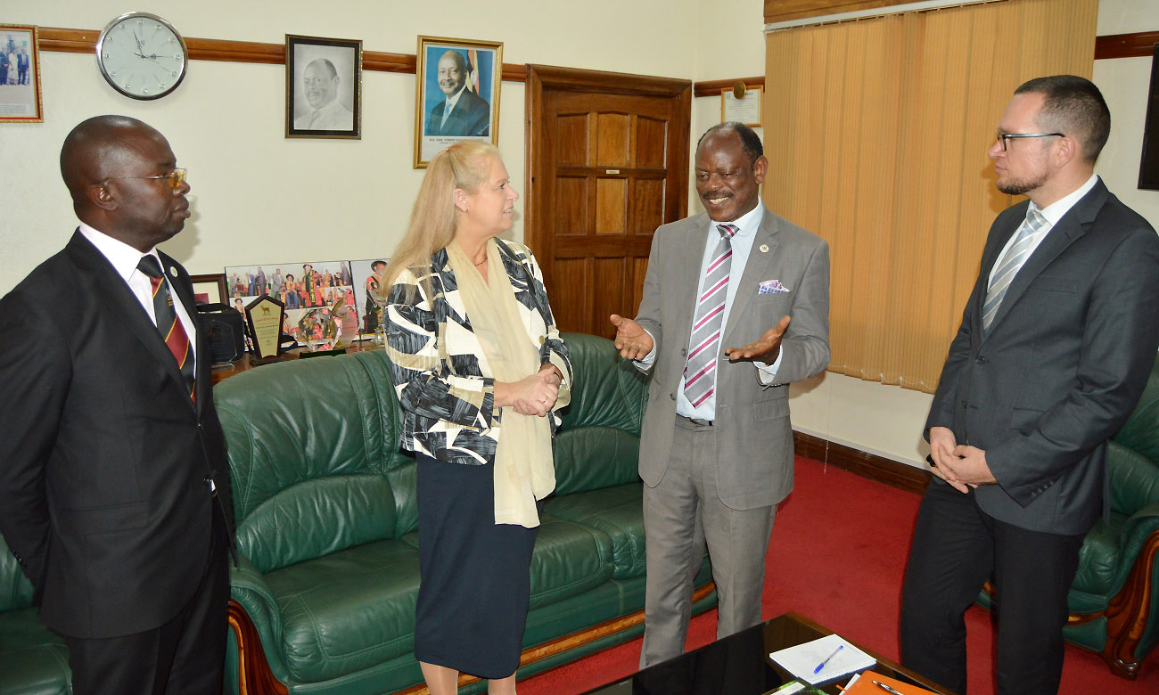 The Vice Chancellor, Prof. Barnabas Nawangwe (2nd Right) chats with DAAD Africa Regional Director, Ms. Beate Schindler-Kovats (Second Left) after the courtesy call on 28th November 2019. Left is Ag. Manager Communication-Dr. Muhammad Kiggundu Musoke while Right is DAAD Office Representative-Mr. Steven Heimlich.