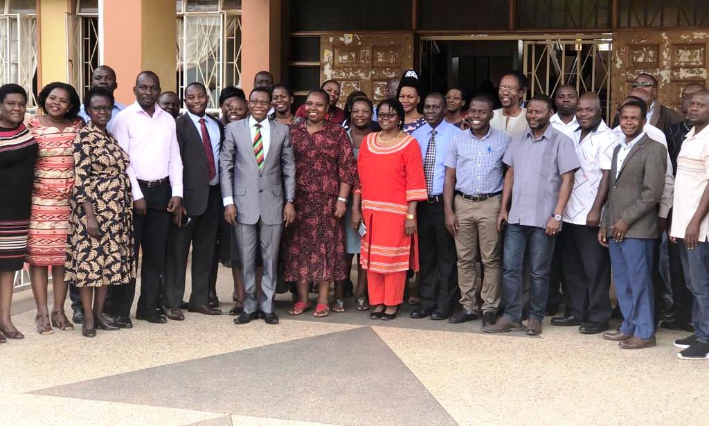 The Director DRGT-Prof. Buyinza Mukadasi (6th Left), Director GMD-Dr. Euzobia Mugisha Baine (7th Left), Dr. Consolata Kabonesa (8th Left) with participants after the SECA Pre-Application Training in Gender-responsive Research, 17th December 2019, Senate Building, Makerere University, Kampala Uganda.