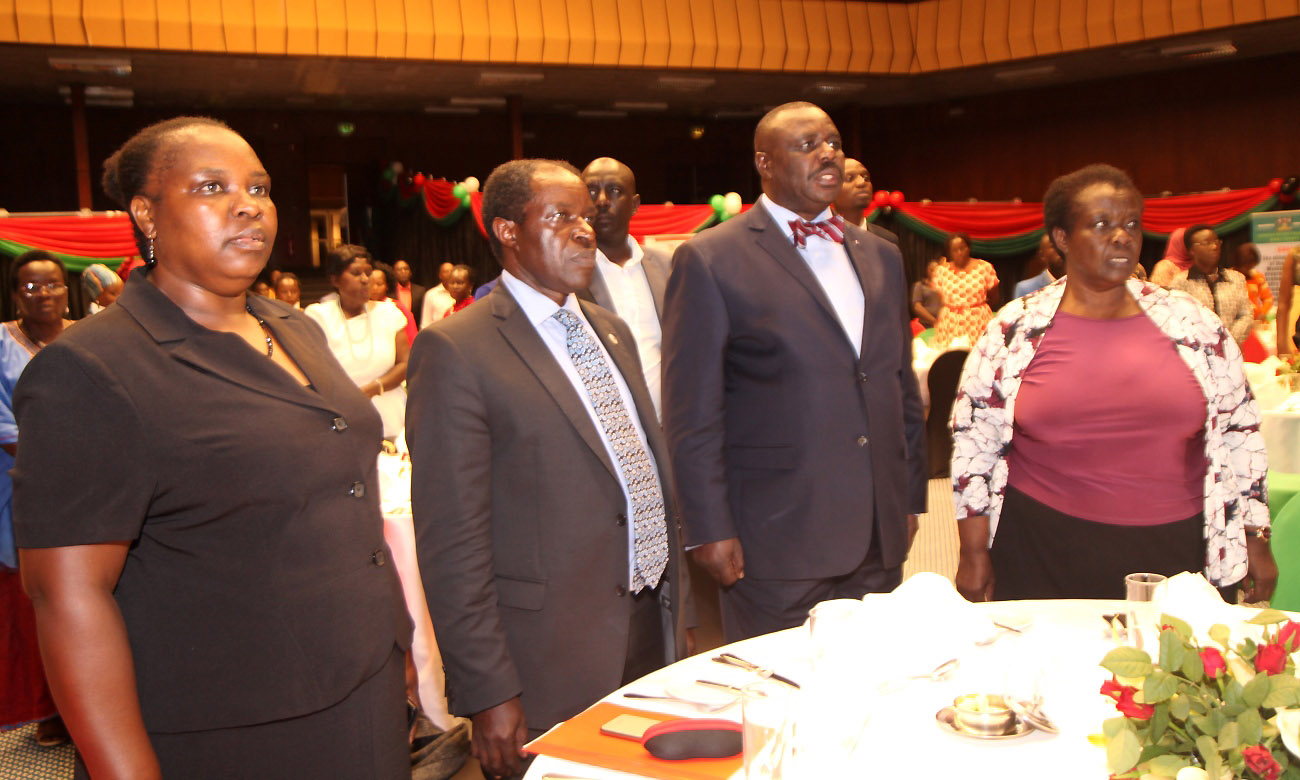 The Deputy Speaker of Parliament-Rt. Hon. Jacob Oulanyah (2nd Right), Acting Vice Chancellor-Prof. William Bazeyo (2nd Left), Director GMD-Dr. Euzobia Mugisha Baine (Left) and Mrs. Elizabeth Gabona (Right) at the Resource Mobilization Dinner for the Mak FSF, 6th December 2019, Kampala Serena Hotel, Uganda.