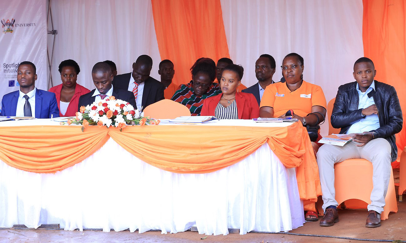 The Director, GMD-Dr. Euzobia Mugisha Baine (2nd Right) with R-L: 85th Guild President-H.E. Kateregga Julius, Ms. Ninsiima Hellen-Vice Guild President KYU, H.E. Johnson Noowe-Guild President GU, Hon. Ayinamani Kizito-Representative of Guild President KIU and other officials at the Inter-University Dialogue on Sexual Harassment, 28th November 2019, Makerere University, Kampala Uganda