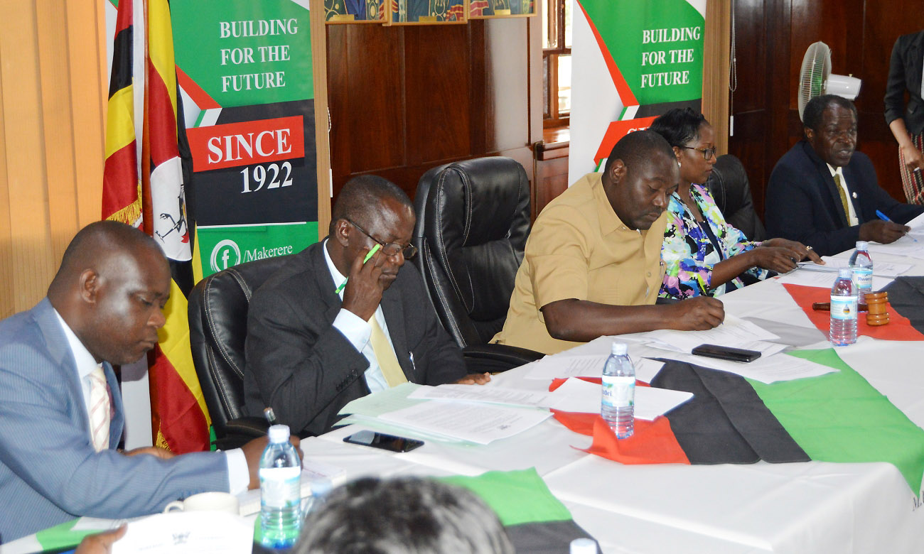 The Acting Vice Chancellor-Prof. William Bazeyo (Right) flanked by the Chairperson of Council-Mrs. Lorna Magara (2nd Right) makes a submission before the Parliamentary Committee on Education and Sports led by Chairperson-Hon. Opolot Jacob Richards (Centre). Second from Left is the Vice Chairperson-Hon. Twesigye John Ntamuhiira while Left is Hon. Kasibante Moses. This was on 5th December 2019 in the Council Room, Makerere University, Kampala Uganda.