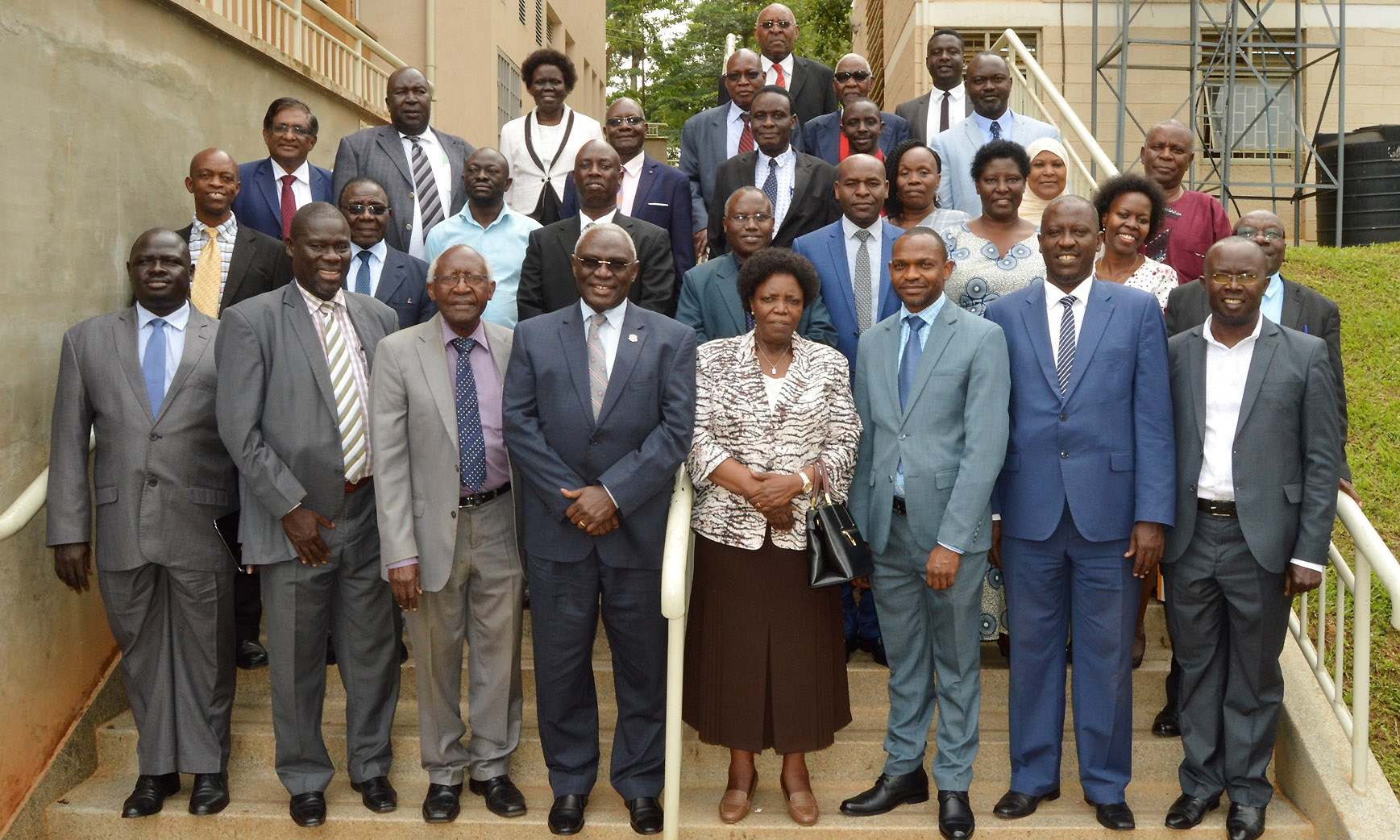 Front Row L-R: Dr. Samuel Baker Kucel, Prof. George Openjuru, Prof. Paul Mugambi, Rev. Can. Dr. John Senyonyi, Prof. Mary Okwakol, Acting Vice Chancellor-Dr. Umar Kakumba, Dr. Mouhamad Mpezamihigo and Dr. Muhammad Kiggundu Musoke with University Leaders after the Vice Chancellors' Forum on 9th December 2019, Makerere University, Kampala Uganda.