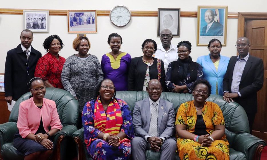 Seated: The Vice Chancellor-Prof. Barnabas Nawangwe (2nd Right) with L-R: Dean SWGS-Assoc. Prof. Sarah Ssali, Principal CHUSS-Assoc. Prof. Josephine Ahikire and Prof. Grace Bantebya as well as other staff (standing) during the meeting on 3rd December 2019, Makerere University, Kampala Uganda.