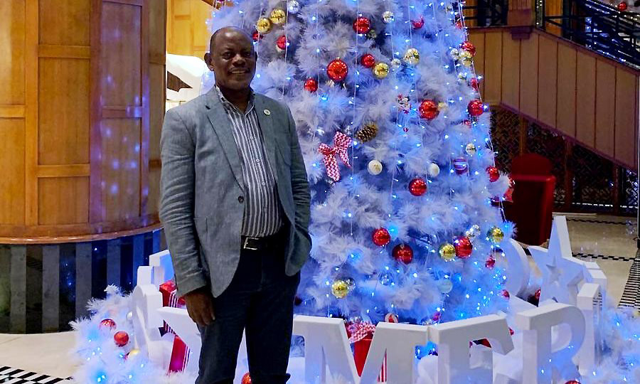The Vice Chancellor-Prof. Barnabas Nawangwe appreciates the Christmas Spirit in Shenzen, China on 6th December 2019 ahead of the inauguration of the Mak-UNESCO-ICHEI International Institute of Online Education.