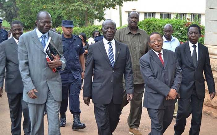 [Front-Row]Assoc.Prof. Okello Ogwang welcoming H.E Edward Kiwanuka Ssekandi, Prof. Ezra Suruma and Mr. Edward Gaamuwa