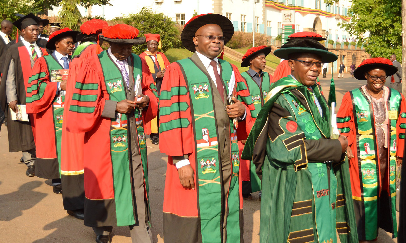 The Director DRGT-Prof. Buyinza Mukadasi (2nd R Black Cap) in the Academic Procession on Day 1 of the 70th Graduation Ceremony, 14th January 2020, Makerere University, Kampala Uganda.