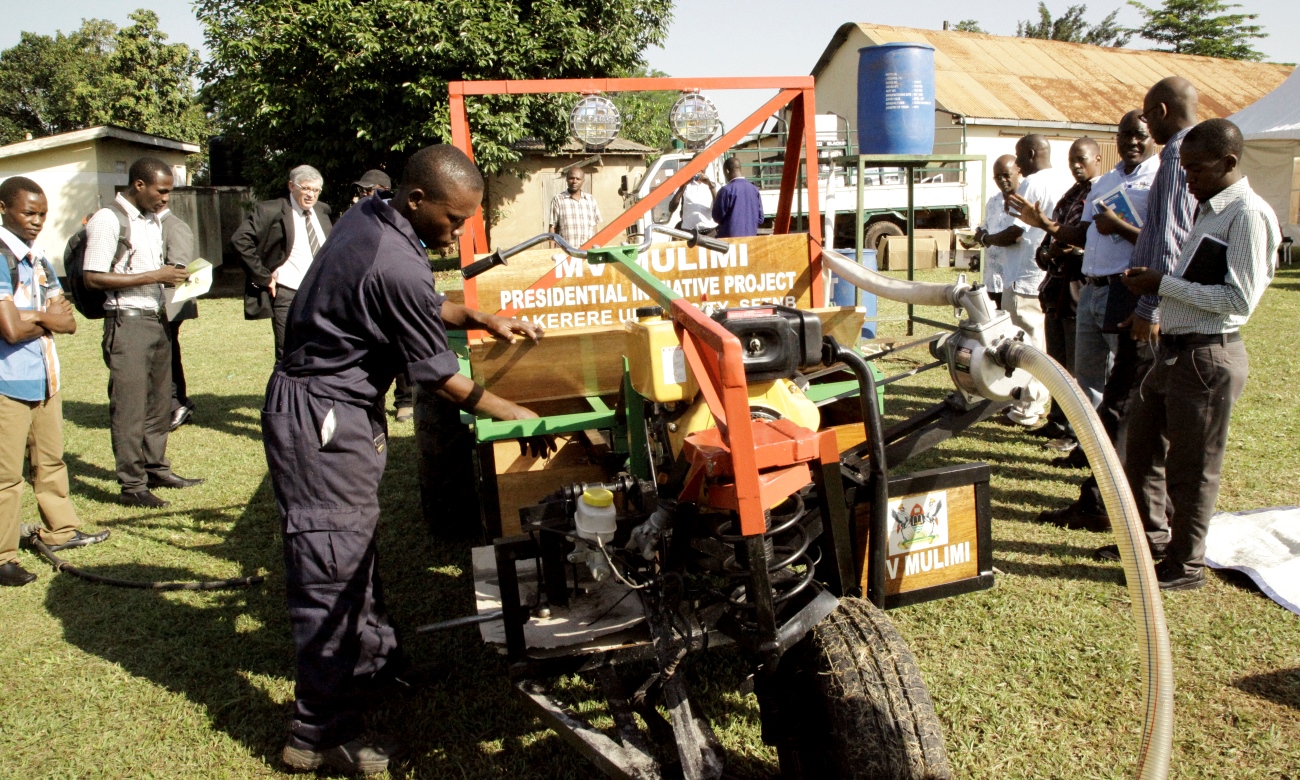 The MV Mulimi; a multipurpose tractor developed by CAES, Makerere University that can thresh maize, pump water from a depth of 7m to a height of 33m, plough gardens, transport 20 adults and their goods over a reasonable distance, as well as charge a mobile phone. Date taken: 31st December 2015, MUARIK, Wakiso Uganda.