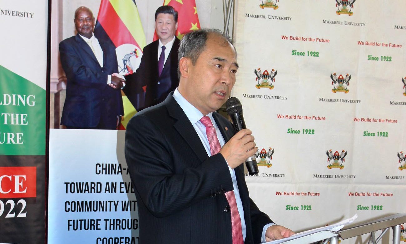 The Ambassador of People's Republic of China to Uganda, H.E Zheng Zhuqiang addresses the congregation during the award of 30 scholarships worth UGX85million to students from a disadvantaged socio-economic backgrounds to pursue their studies at Makerere University for academic year 2018/2019, 5th September 2019, Makerere University, Kampala Uganda.