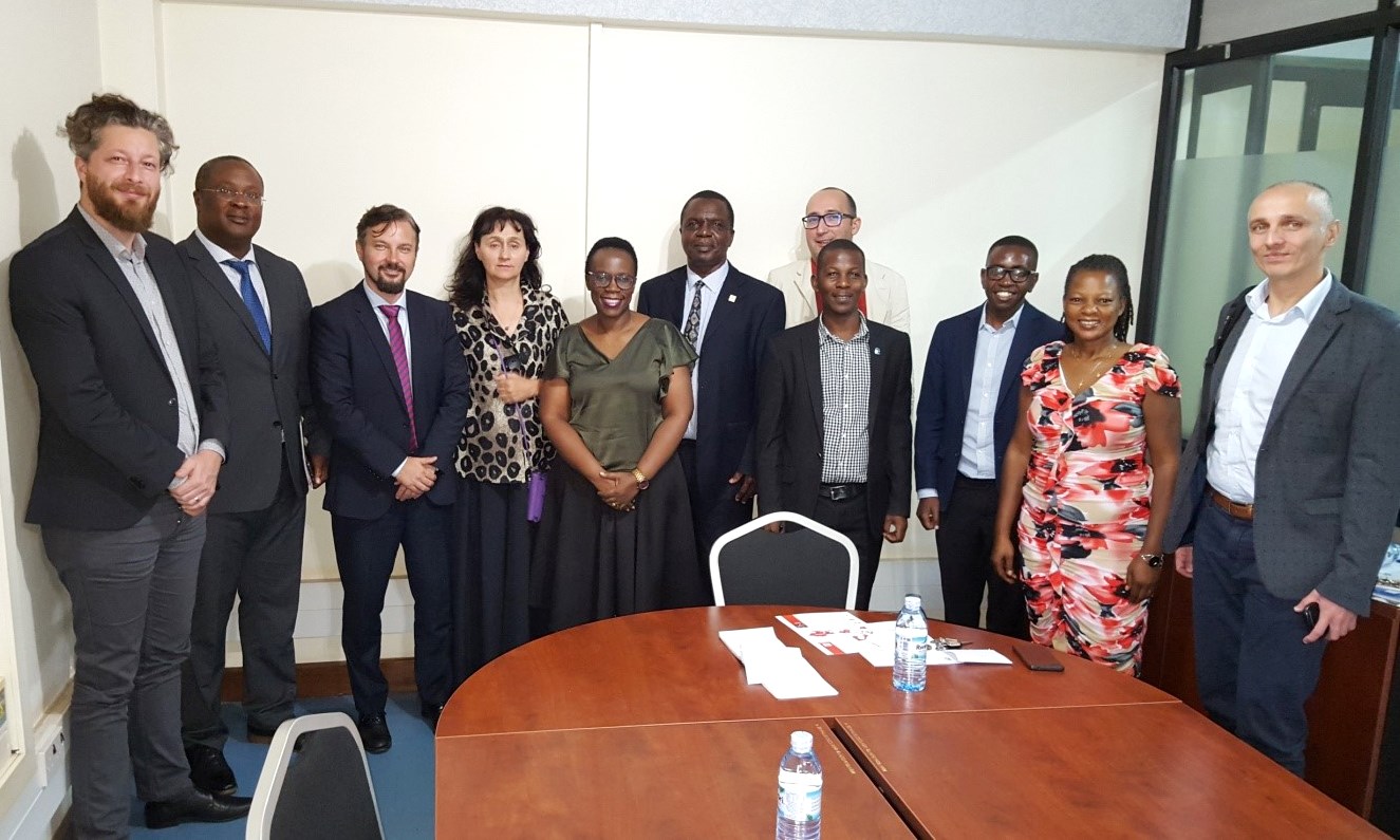 The Ambassador of Romania to Uganda, H.E. Julia Pataki (4th Left) and the Romanian Honorary Consul, H.E. Murungi Godwin (2nd Left) with CoCIS Academic Heads and the Cluj Cluster Delegation during the visit on 3rd December 2019, Makerere University, Kampala Uganda.