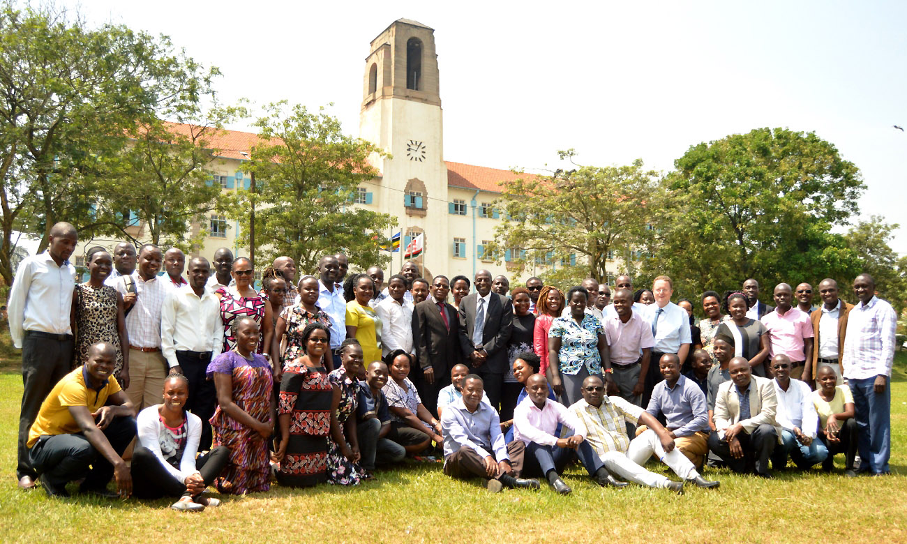 The Director DRGT-Prof. Buyinza Mukadasi (Centre Red Tie) poses for a photo with instructors and PhD Students at the launch of the two-week Advanced Research Methods cross-cutting Course on 20th January 2020, Freedom Square, Makerere University, Kampala Uganda.