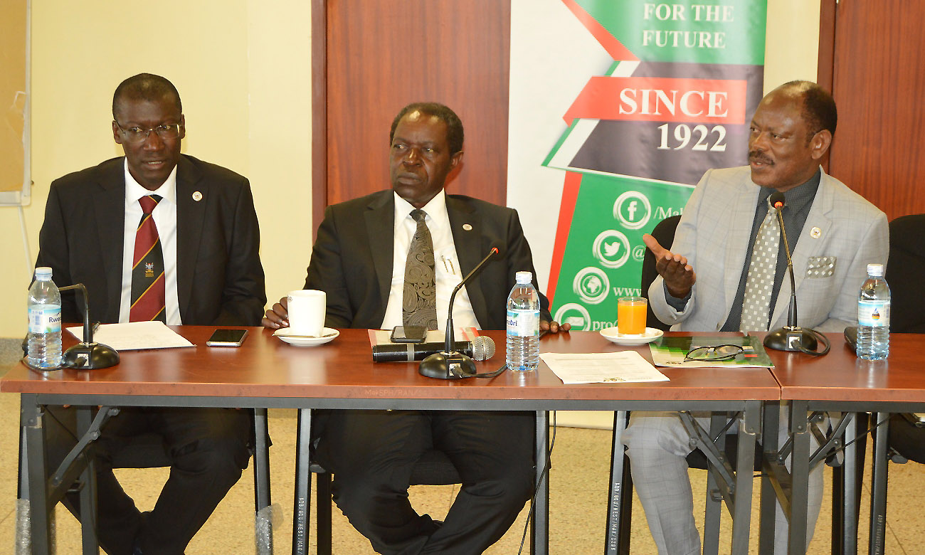 The Vice Chancellor-Prof. Barnabas Nawangwe (Right) responds to a question during the RIF Stakeholders Consultative Workshop as DVCFA & Chairperson GMC-Prof. WIlliam Bazeyo (Centre) and Dr. Frank Mwiine (Left) listen on 10th January 2020, Makerere University, Kampala Uganda.