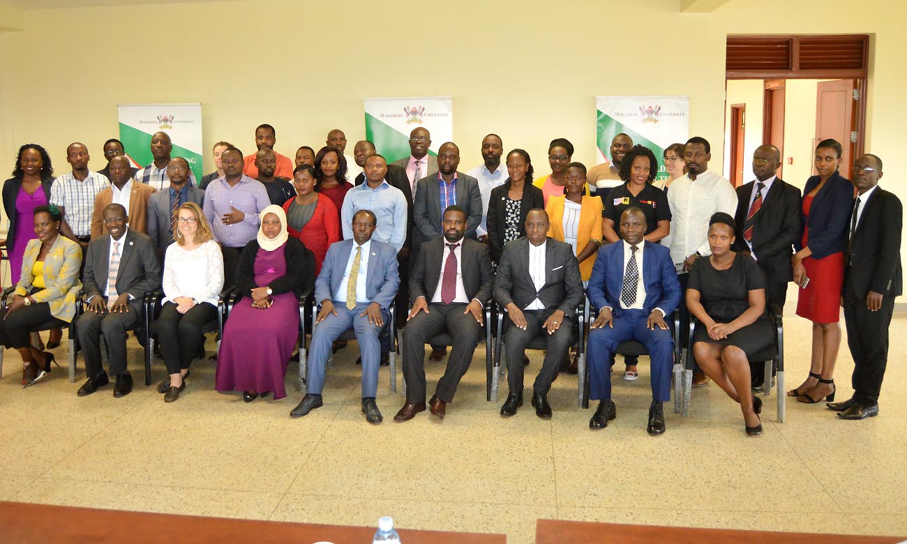 The Chair Grants Management Committee (GMC) Prof. William Bazeyo (Seated Centre) in a group photo with GMC Members, representatives from the NGOs, the Private Sector and Development Partners on 31st January 2020. The workshop was held to discuss and understand the priority research and innovations in the different sectors.