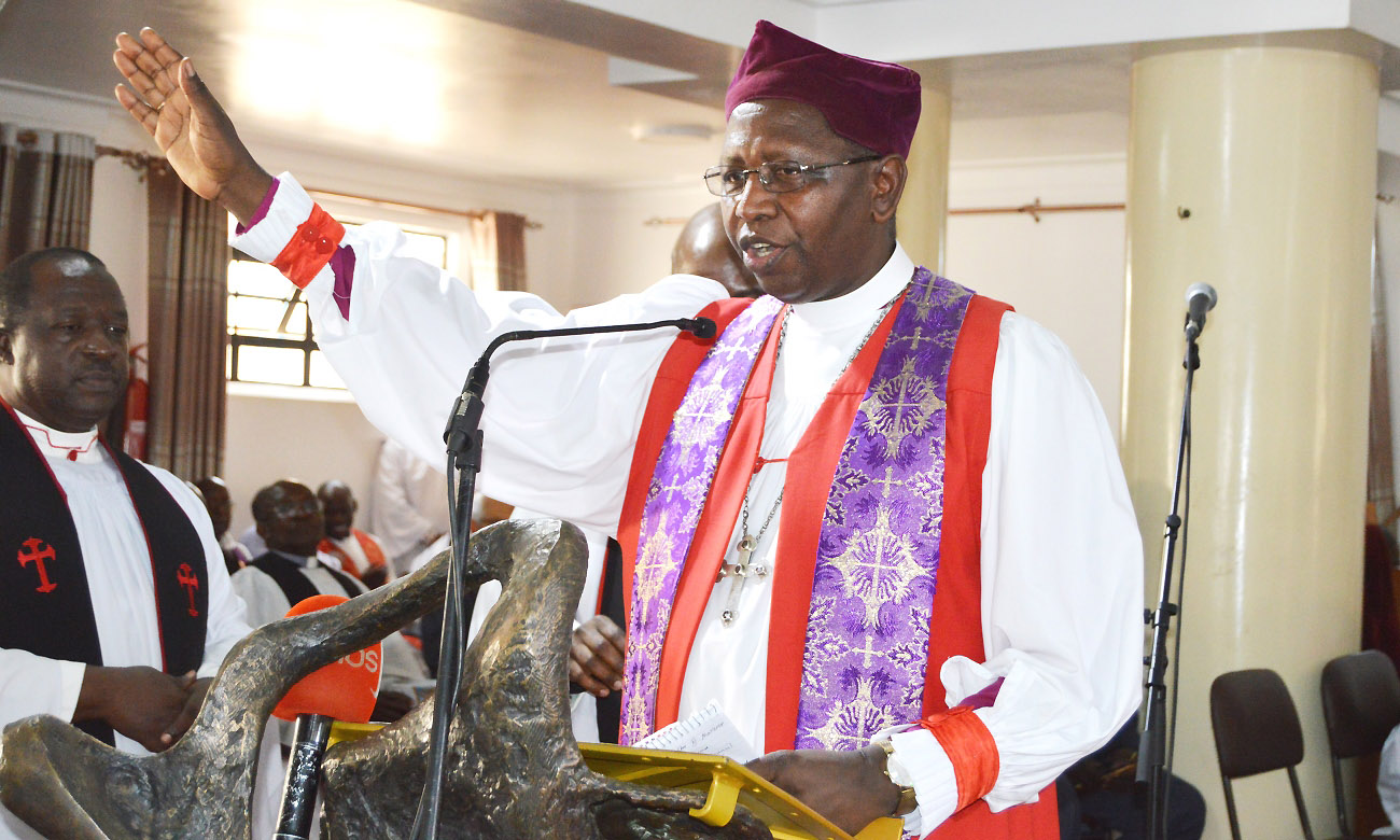 Archbishop of the Church of Uganda Rt. Rev. Stanley Ntagali preaches to the faithful during the installation ceremony of Rev. Can. Onesimus Asiimwe as Chaplain, St. Francis Chapel on 18th February 2018, Makerere University, Kampala Uganda.