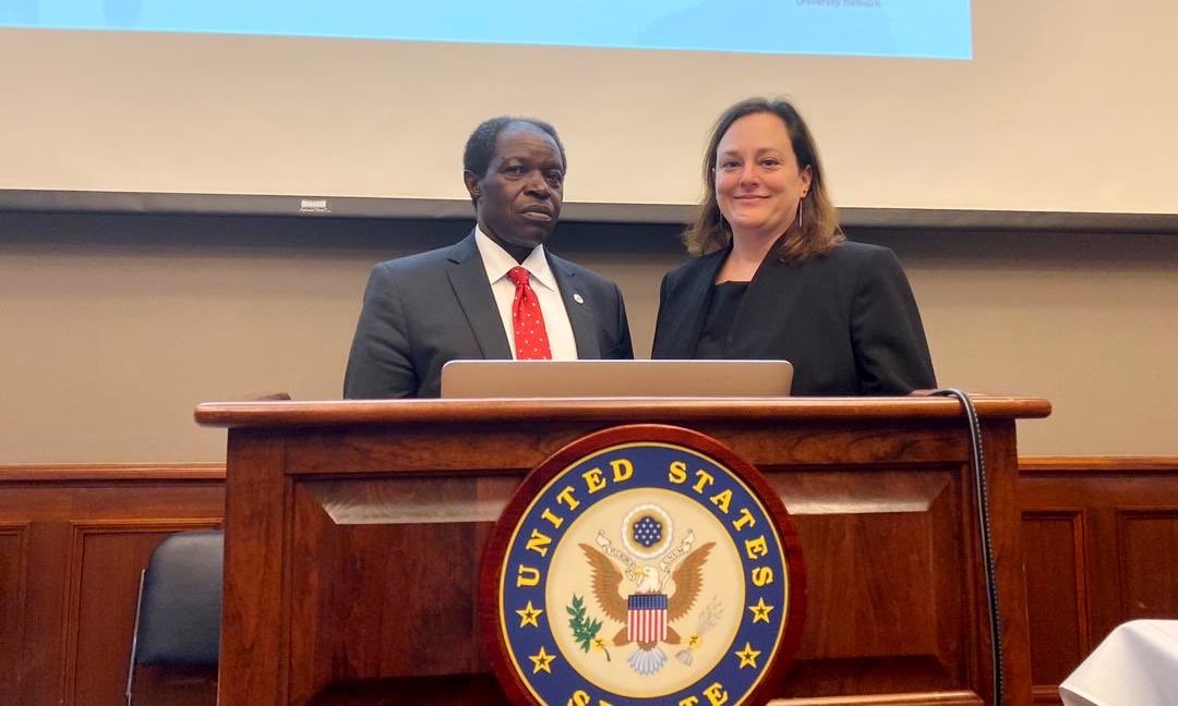 Prof. William Bazeyo (Left) pictured here at the US Senate where he, together with partners from the University of Minnesota and Tufts University, shared achievements of OHCEA on 11th November 2019, Russel Senate Building, Washington DC.